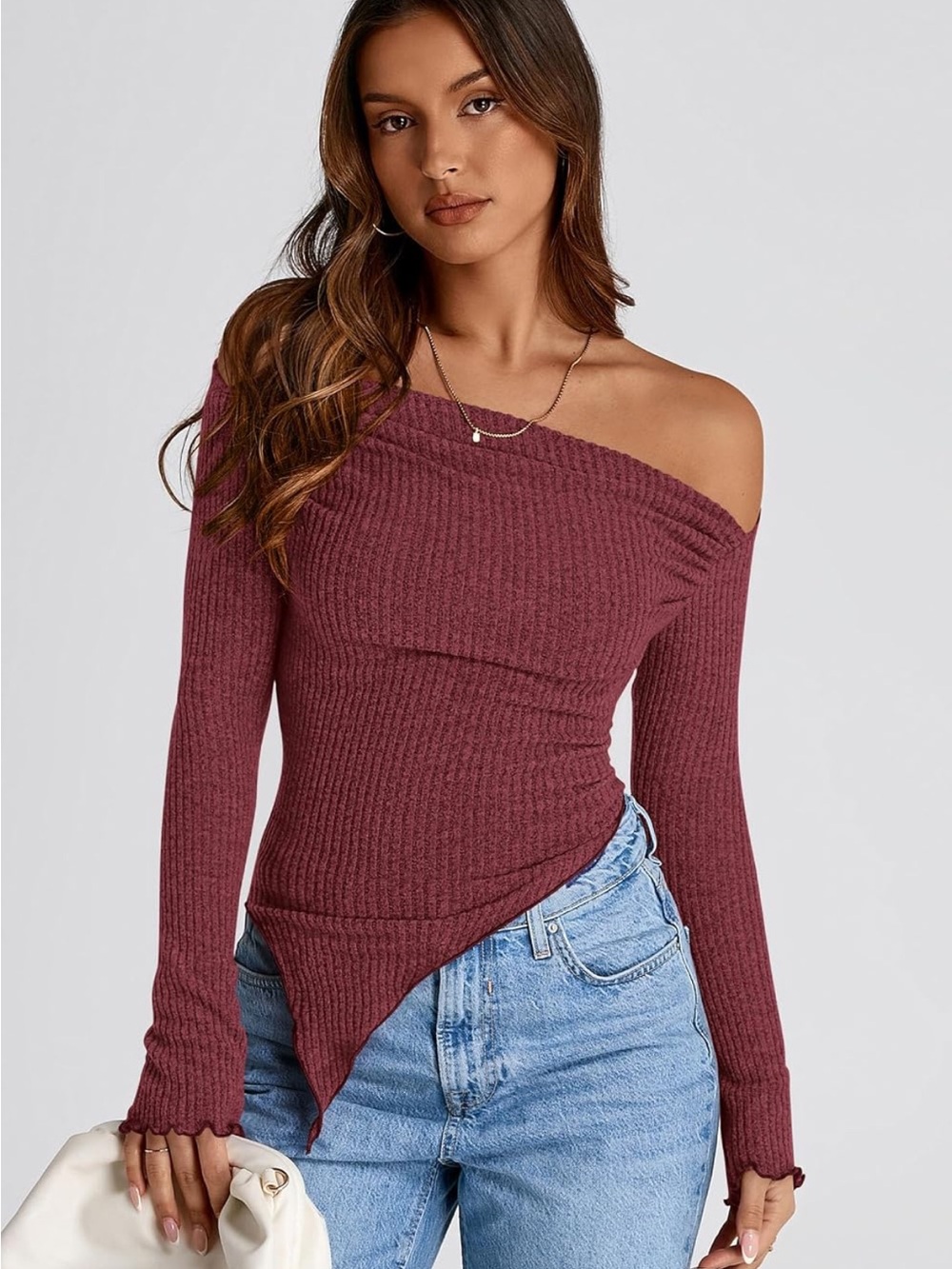 Asymmetric Off-Shoulder Ribbed Sweater - Wine - Picture 4 of 5